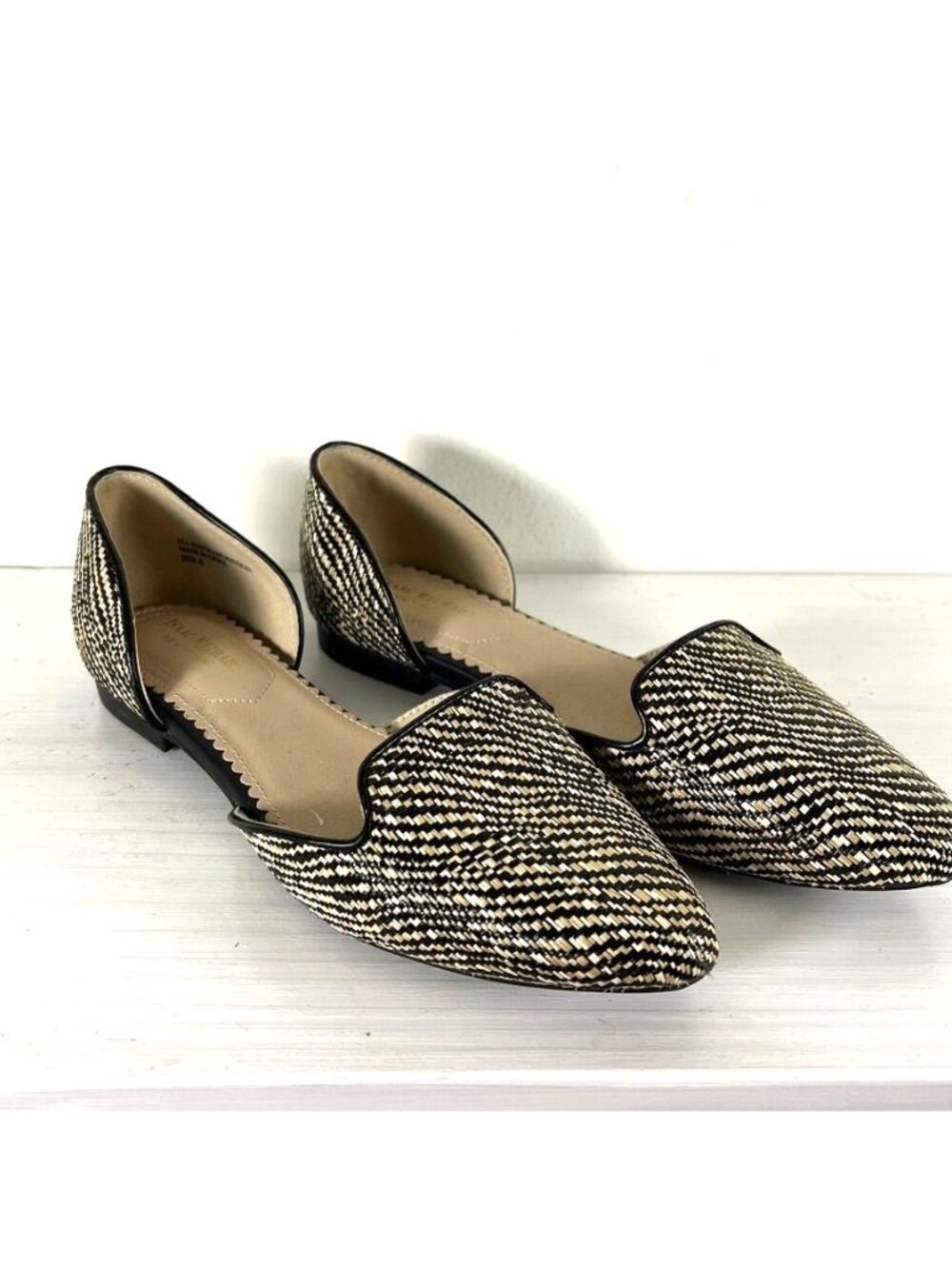 Isaac Mizrahi Woven Raffia Look D'Orsay Flats Pointed Toe Tan Black Sz 8 Office - Picture 2 of 10